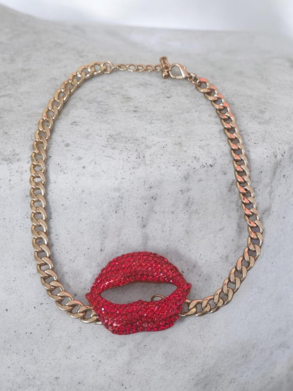 Vintage Natasha Gold Chain Necklace with Red Crystal Lip Pendant